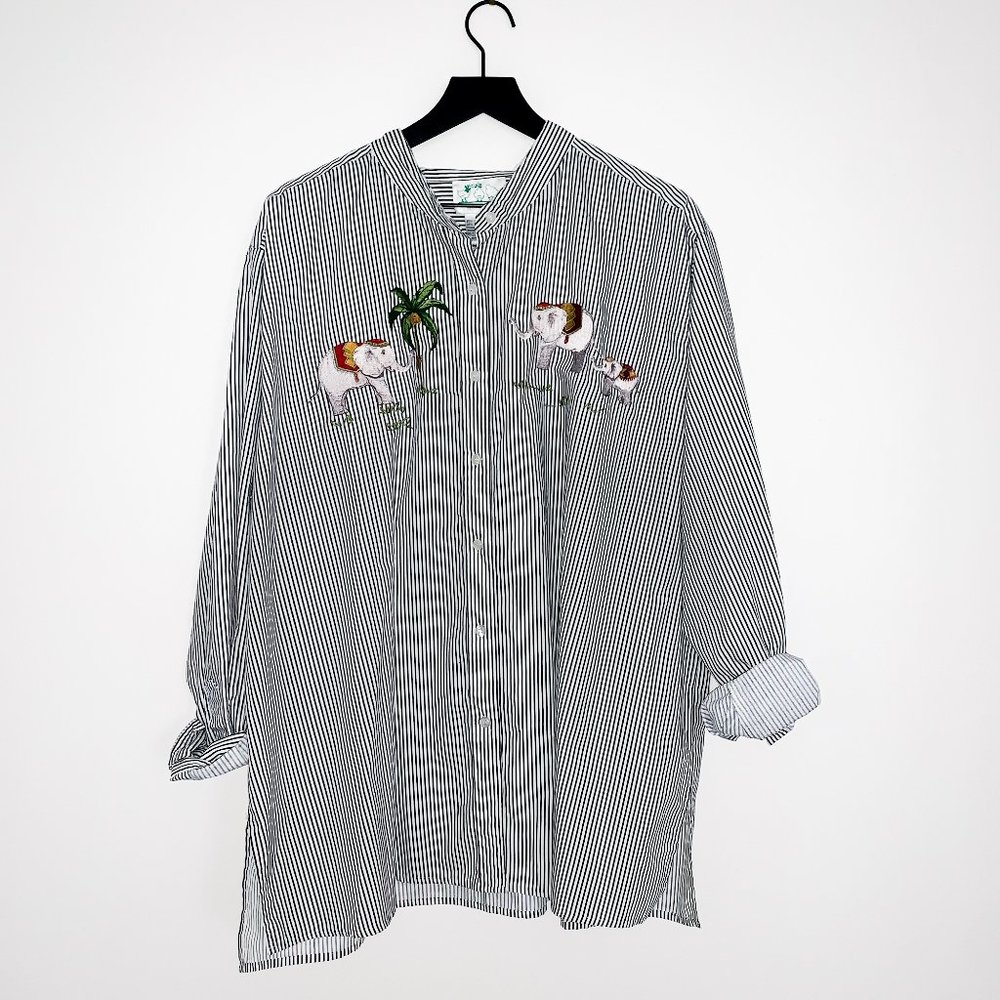 Vintage Striped Button-down w/ Embroider Elephants